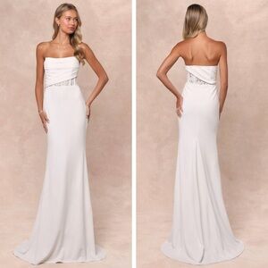 NWT Lulus Avowed Adoration White Sheer Lace Pleated Strapless Maxi Dress, XS